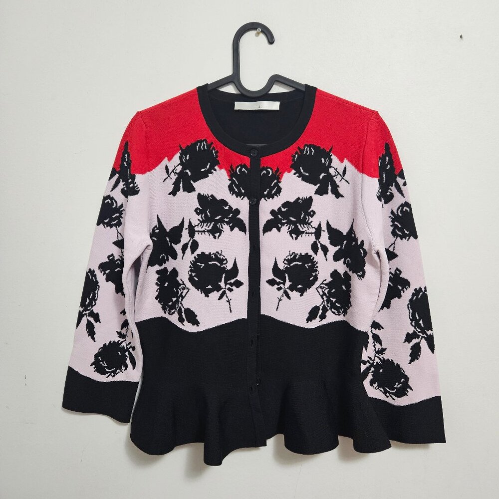 3.1 Philip Lim Peplum Cardigan Women's Sz M Black  Red Pink Floral Designer